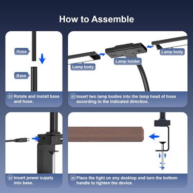 LED лампа настільна з регулюванням яскравості - 1500LM 24W, кріплення-прищіпка, з пультом, гнушкий 80см шнур, USB-порт, для офісу та дому (Чорний)