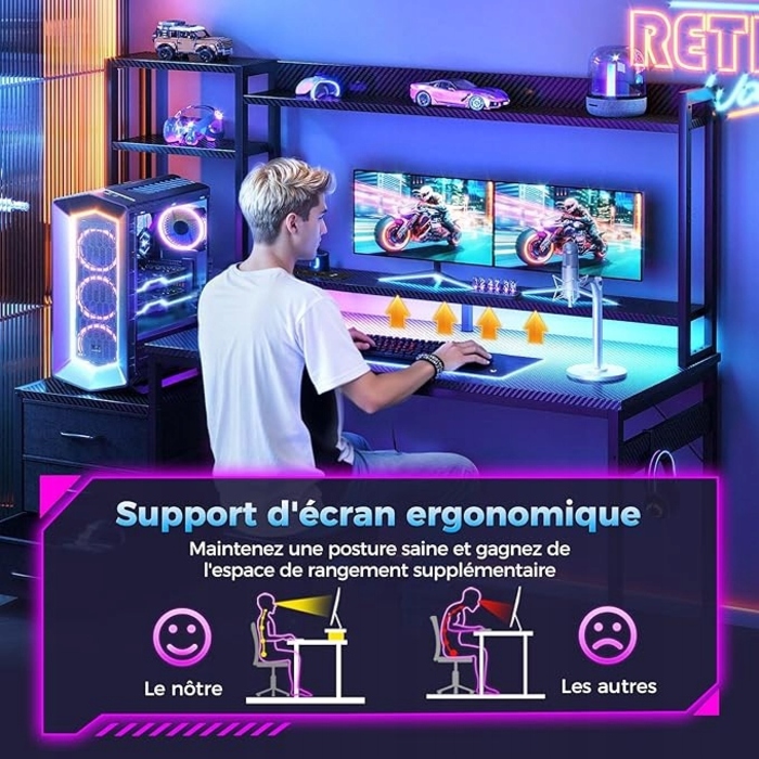 Ігровий стіл з шухлядами, полицею, розетками та LED-підсвіткою, 137x48 см
