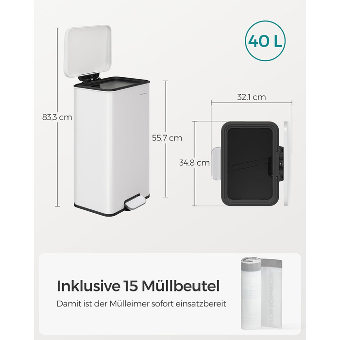 Сміттєве відро SONGMICS 40 л з педаллю, сталеве, з м'яким закриттям, 15 мішків, LTB540A02 (біле)