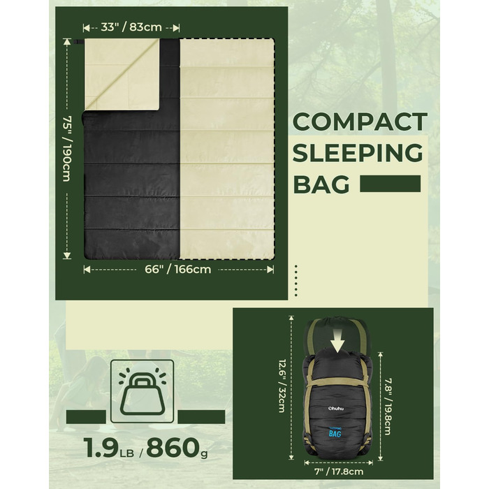 Ohuhu Lightweight Sleeping Bag - Compact & Ultralight (900g) Summer Sleeping Bag for Camping, Travel, Festivals - Indoor/Outdoor Use - Black