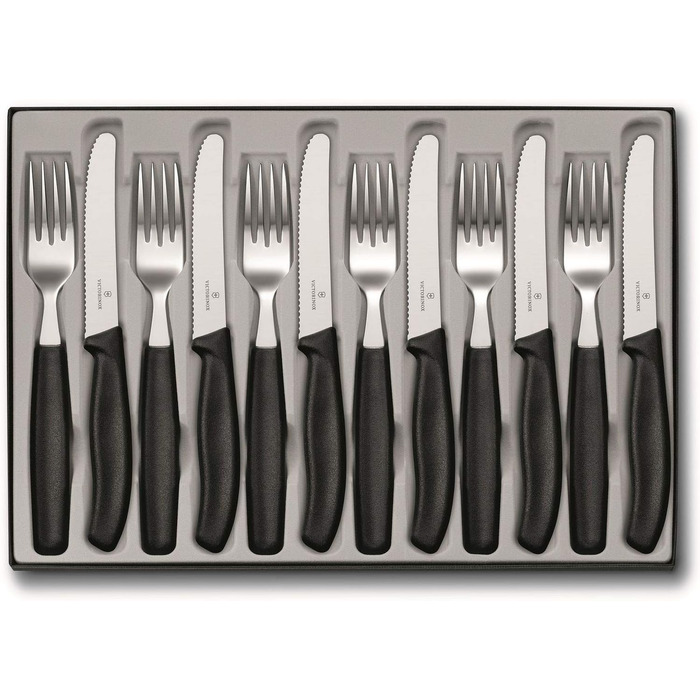 Victorinox Classic, Professional Tableware Set, 12-piece, Extra Sharp Blade, Serrated Edge, 11 cm, Stainless Steel, Black