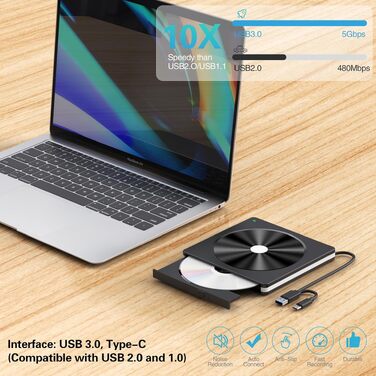 Зовнішній DVD/CD привід USB 3.0 та USB-C, DVD-записувач для ноутбука, ПК, Mac OS, Windows, Linux (Білий)