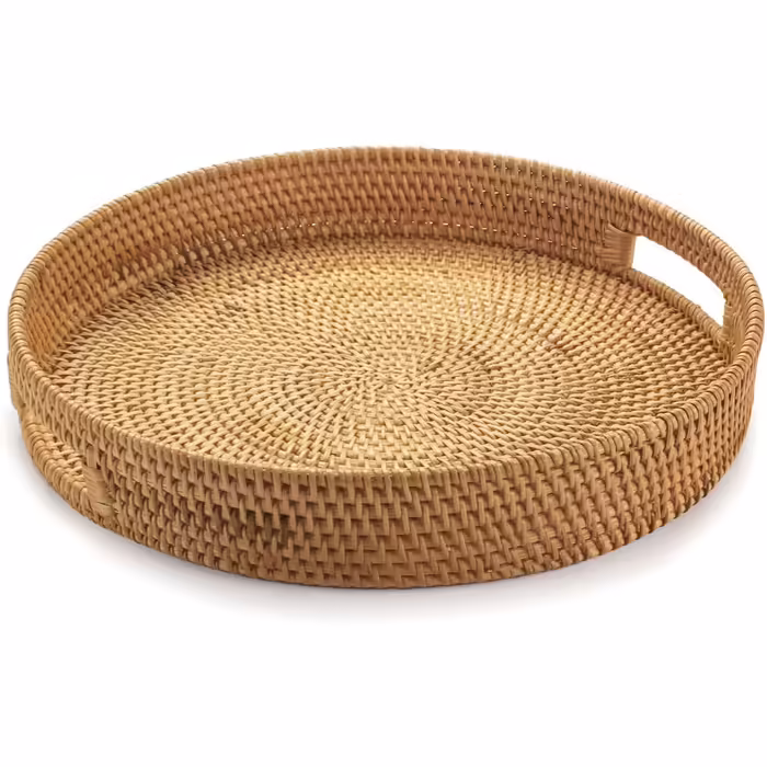 Rattan Round Serving Tray, Woven Serving Tray with Cutout Handles, Fruit/Bread Serving Basket, 30 cm
