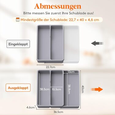 Органайзер для столових приладів Lifewit в шухляду, розширюваний 43.9 см, сірий, 40 см глибина, для кухні, ложок, ножів, лопаток