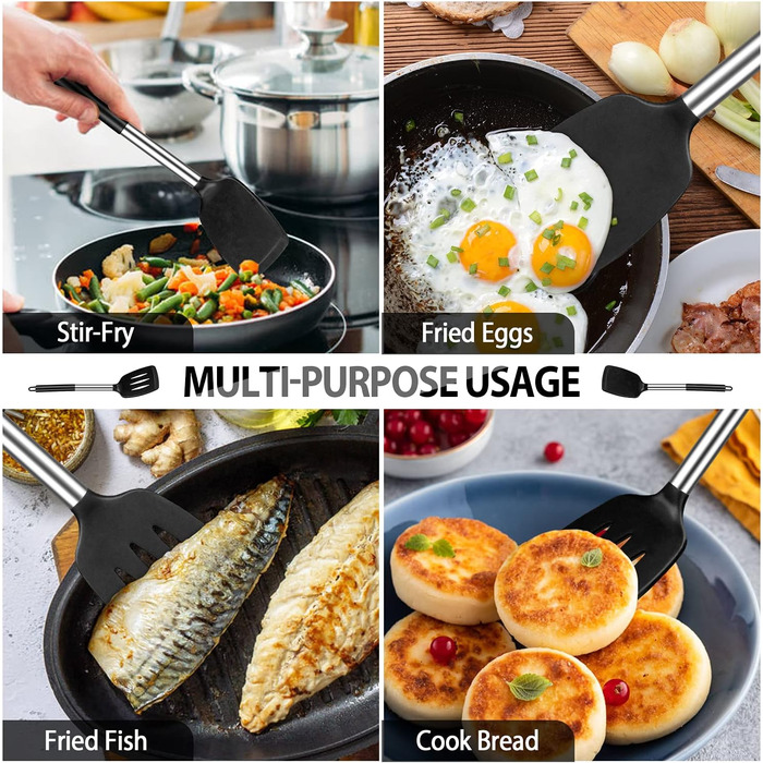 Silicone Spatula and Spoon Set, 4-Piece Silicone Kitchen Utensils Cooking Utensil Set with Stainless Steel Handle, Non-Stick Heat-Resistant Black Cooking Utensil Set, Healthy, Dishwasher Safe