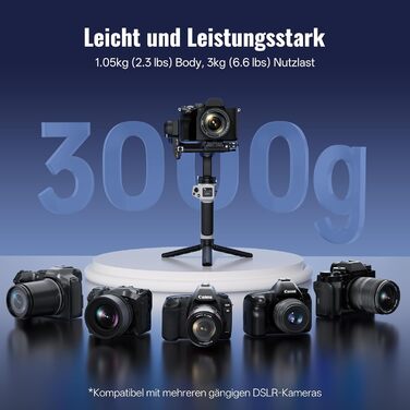 ZHIYUN Weebill 3E Gimbal - Стабілізатор для DSLR та бездзеркальних камер, 3-осьовий, 3кг вантажопідйомність, вертикальна зйомка, Bluetooth, сірий