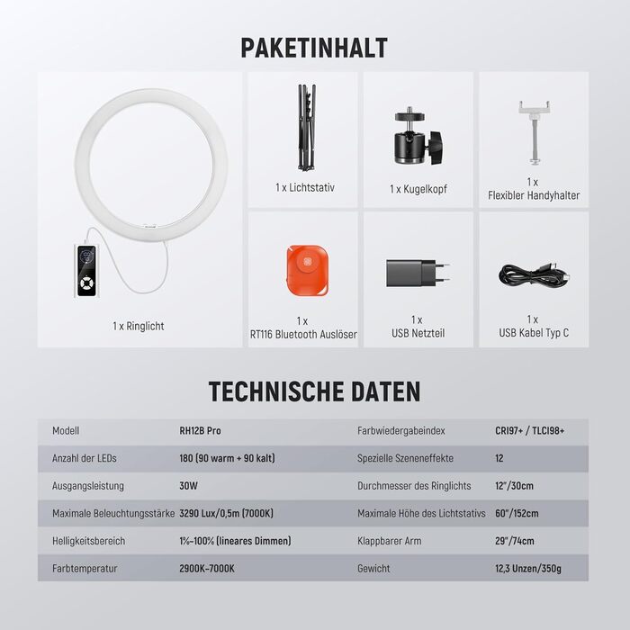 NEEWER Комплект кільцевого світла для фото та відео: 48 см, 52 Вт, регульоване LED кільцеве світло з штативом та Bluetooth для смартфона, YouTube, селфі (RH12B Pro)