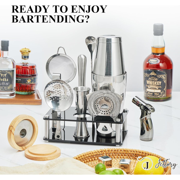 Boston Shaker Set – 10-Piece Stainless Steel Cocktail Shaker Set with Acrylic Base, Hawthorne Strainer, Ice Tongs, Bar Spoon, Jigger, Muddler – Perfect for the Home Bar (Silver)