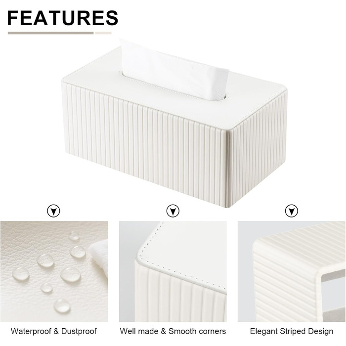 Коробка для серветок KingFOM з PU шкіри, біла, прямокутна – для вітальні, ванної кімнати та офісу
