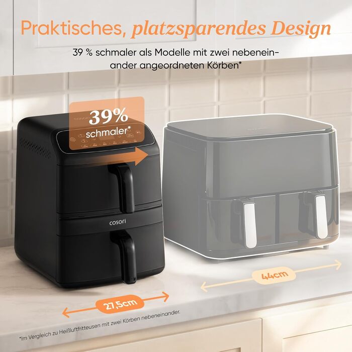 COSORI Airfryer Turbo Tower Compact 8.6L: Фритюрниця з двома камерами, керамічне покриття, 2700W, чорна