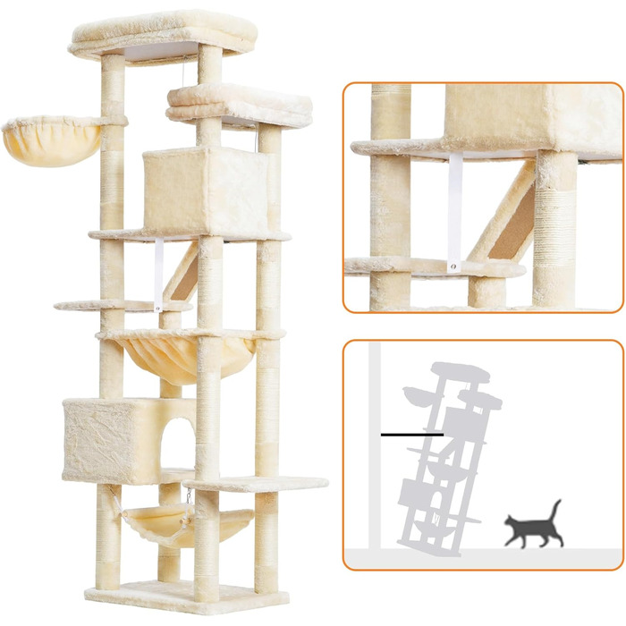Кігтеточка-кітчечка Heybly HCT034W, 180 см, бежева: 2 платформи, 2 будиночки, 2 гамаки, кошик, кігтедряпання