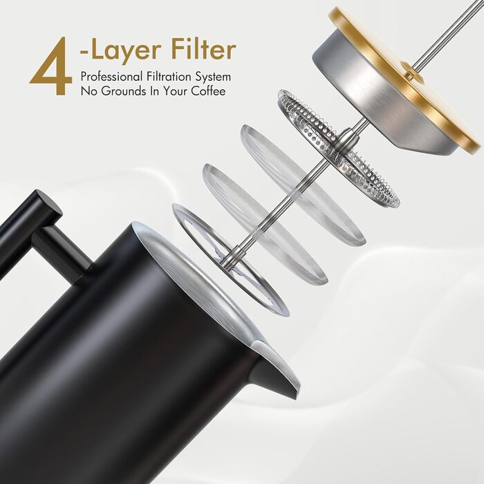 Enfmay French Press Coffee Maker, 1L Stainless Steel French Press with 4 Filters and Spoon, Detachable, Easy to Clean, Stainless Steel Insulated Coffee Pot Thermos for Home, Travel and Camping, Silver 1000ML Silver