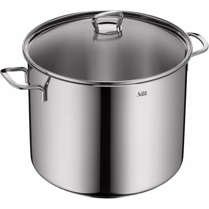 Silit Vegetable Soup Pot Induction 28cm, Glass Lid, 12L Tall Pot, Polished Stainless Steel, Large Induction Pot, Uncoated, Oven-Safe