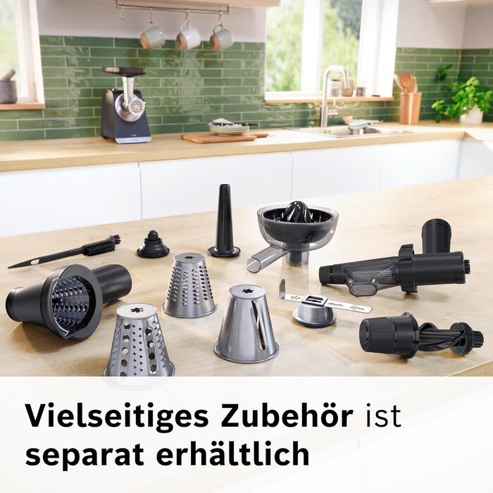 М'ясорубка Bosch MFW68660 срібляста (чорна) 2200 Вт, насадки для ковбас, 4 терки, 3 диски з нержавіючої сталі (3/4.8/8 мм)