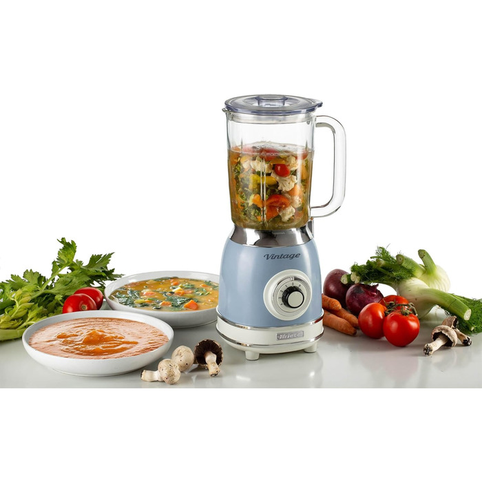 Vintage Ariete 583 Glass Mixer, Retro Multi-Function Mixer with 4 Blades, 4 Speeds + Pulse Function, Ice-Crusher Function, 1.5 Liter Capacity, 1000W, Light Blue Blue Single
