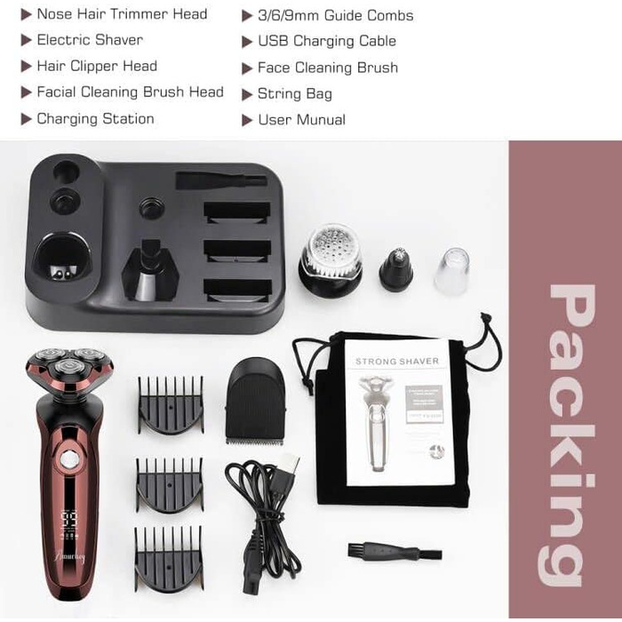 Електричний гострою для чоловіків Amurhey 5-в-1 з тримером, 3 насадки, 99 хв роботи, для сухого та вологого гоління, станція зарядки, подарунок для чоловіків