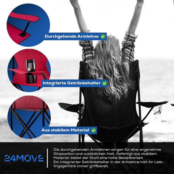 24MOVE® Набір з 2 шт. Складні стільці для кемпінгу, риболовлі та відпочинку на природі - стільці для риболовлі, саду, відпочинку, червоного кольору