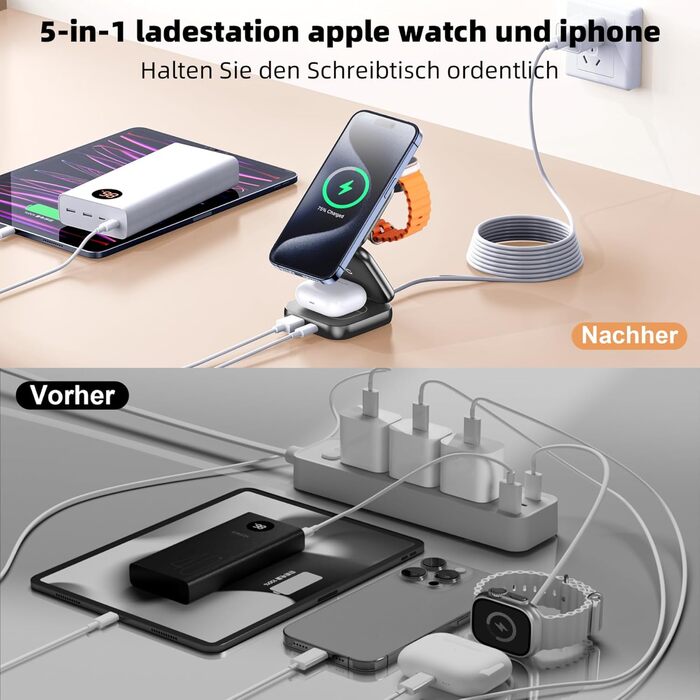 Бездротовий зарядний пристрій 5-в-1 для iPhone з MagSafe, складаний, сірий (35W адаптер) - для iPhone 17/16/15/14/13/12, AirPods Pro, Apple Watch