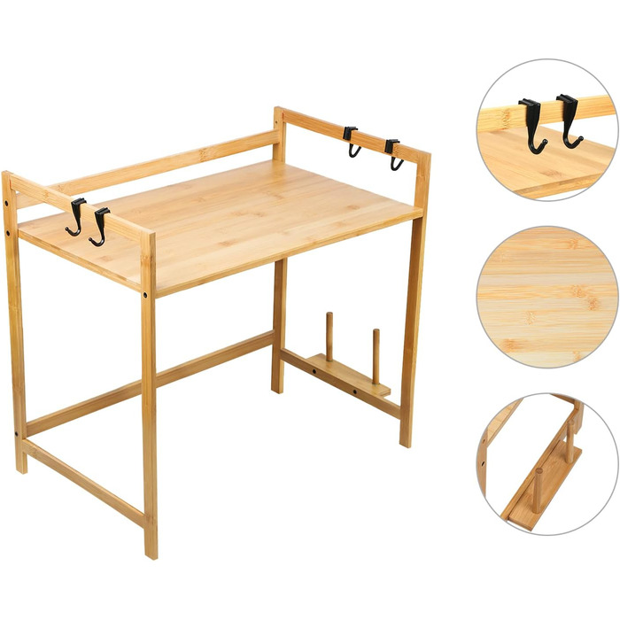 Поличка для мікрохвильової печі 3-рівнева, органайзер з гачками, розширювана, висувна (40-64см), з вуглецевої сталі (2 яруси, бамбук, 55x35x42см)