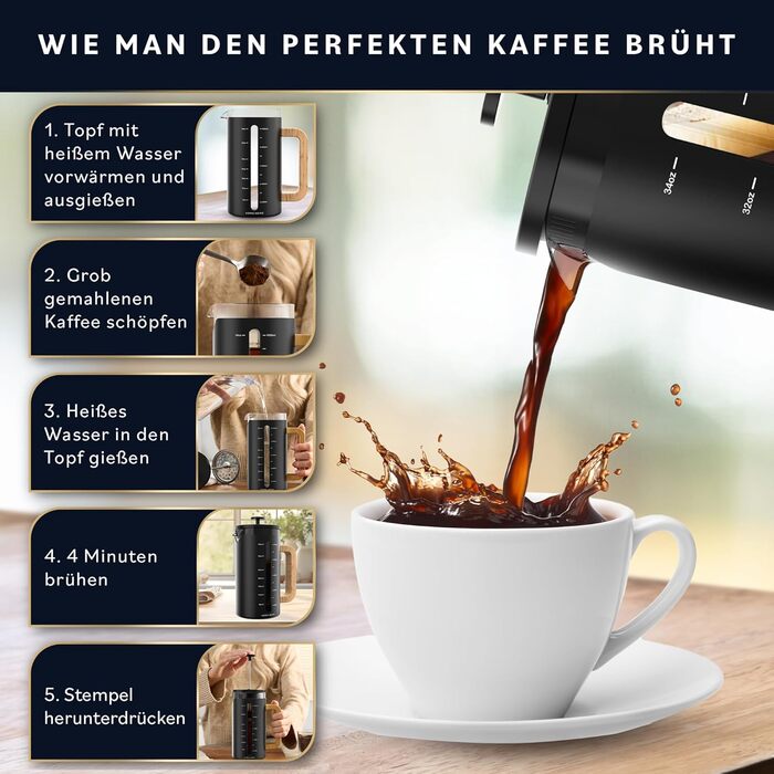 Френч-прес для кави Home Hero – 963.9 г, з бамбуковим руків'ям, скло Borosilikat, нержавіюча сталь, 4-шаровий фільтр, чорний