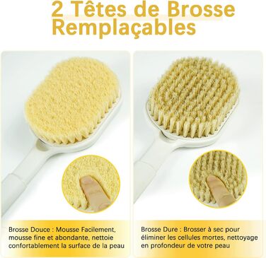 Рюкенbürсте для спини 50 см: складана щітка для душу з довгим руків'ям для ексфоліації, суха щітка для душу, щітка для ванни з змінною насадкою, підходить для людей похилого віку