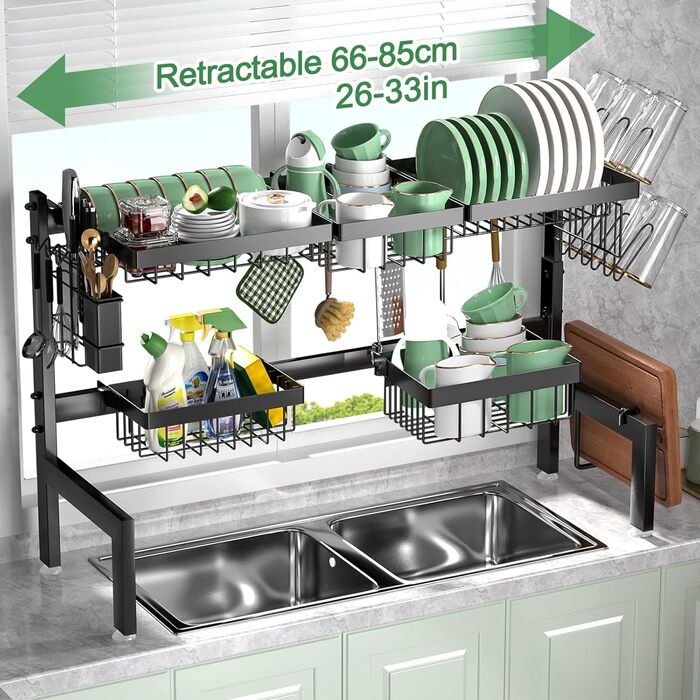 Регульована сушилка для посуду на 2 яруси, 66-85 см, чорна, з 4 кошиками для столових приборів та тримачем для напоїв