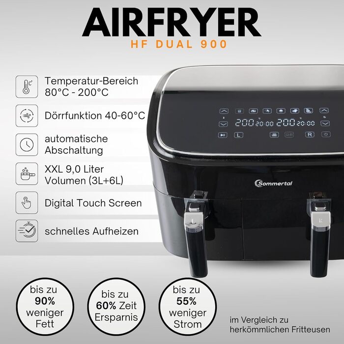 Фритюрниця повітряна Sommertal HF760-7,6L XXL з сенсорним екраном, 8 програм, 2000 Вт - енергоефективна та здорова, велика фритюрниця Air Fryer (9.0L Dual)