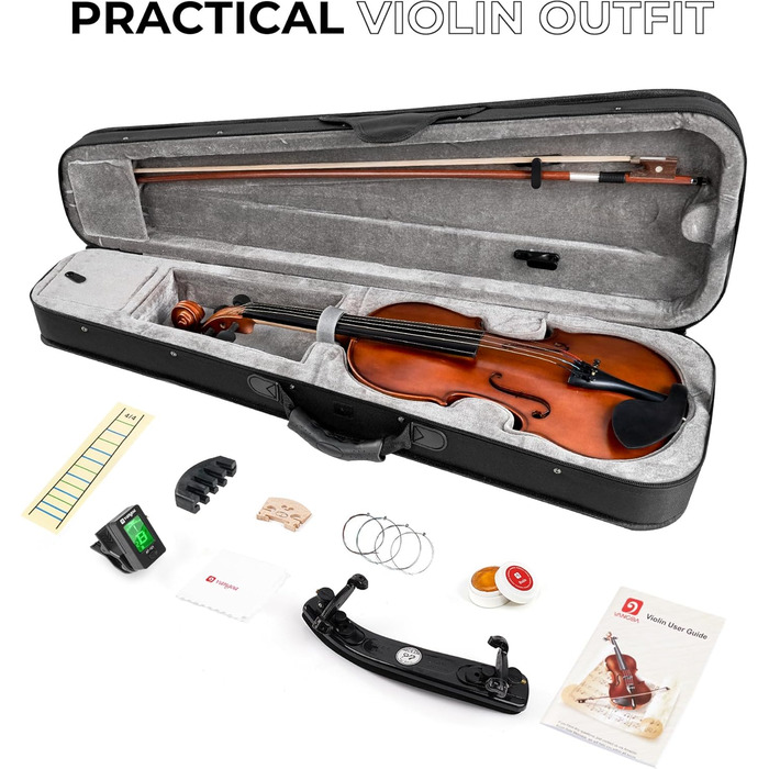 Скрипка Vangoa 4/4 з масиву дерева, набір для початківців, акустична, з кейсом, підставкою, смолою, струнами, інструкцією, демпфером, наклейками для нот, для дорослих, дітей та підлітків