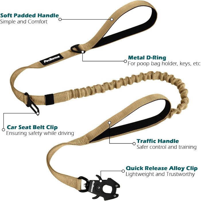 Міцна тактична повідок для собак PetBonus, 1,5м, еластична, з 2 м'якими ручками, страхувальний ремінь для авто, нашийник-антавка для дресирування, для великих та середніх собак (Армійний зелений, Хакі)