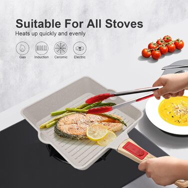 Сковорідка гриль 24x24 см з знімною ручкою, алюмінієва антипригарна сковорода для стейків, підходить для посудомийної машини та духовки (біла) 24 см