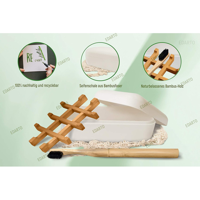 Миска для мила EDARTO® з бамбука з піддоном для стікання та кришкою – екологічна, з бамбука та кукурудзи + мішечок для мила з 100% натурального сизалю для пілінгу тіла