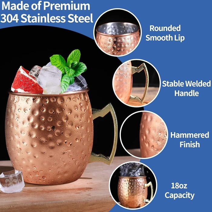 LINALL Moscow Mule Mug - 4-Piece Set, copper-plated stainless steel mugs, 550ml for chilled drinks - Copper