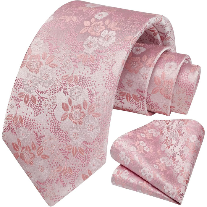 Краватка чоловіча HISDERN 160 см з кишеньковим хустинкою. Шовкова краватка для весілля та ділових зустрічей. Елегантний дизайн (E Рожеві квіти)