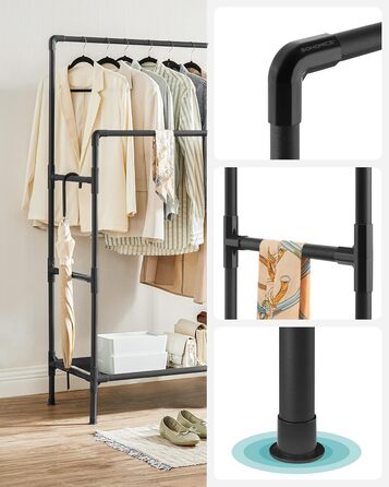 SONGMICS Дзеркало-вішалка для одягу металева, біла, з 2 перекладинами та полицею, до 55 кг, проста збірка RDR01WT (Чорний)