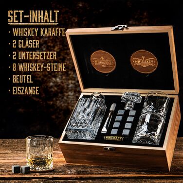 WHISISKEY Whiskey Carafe Set - Whiskey Gift Set - Gifts for Men - Men's Gifts Gift - Birthday Gift for Men - Classic Decanter 700ML, 2 Whiskey Glasses, 8 Whiskey Stones