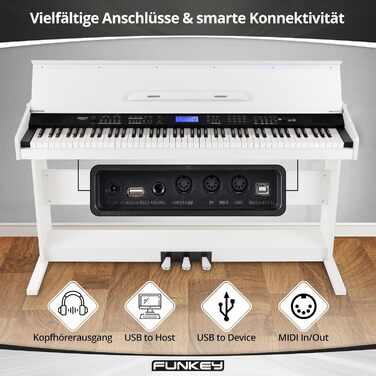 FunKey DP-88 II – цифрове піаніно з 88 клавішами, поліфонія 128, 360 звуків, 160 стилів, MP3-плеєр, функція навчання, запис та відтворення, 3 педалі, білий колір