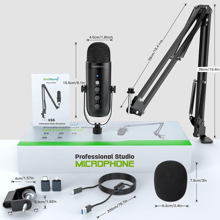 Zealsound USB мікрофон для подкастів та вокалу з шумозаглушенням (чорний) для ПК, телефону, YouTube, PS5, iPhone, Mac. З підставкою-держателем та адаптерами.