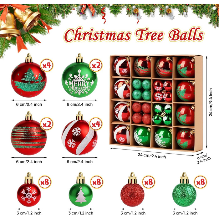 Набір прикрас на ялинку Ilauke, 44 шт. Ялинкові кулі пластикові червоно-білі, 3 та 6 см. Декорації для ялинки, різдвяний декор, вечірка, дім, весілля, Різдво, червоний, білий