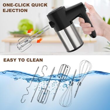 Бездротовий міксер з цифровим дисплеєм, 7 швидкостей, акумуляторний, з 6 насадками з нержавіючої сталі (міксер, вінчик, гачок для тіста) та підставкою для зберігання