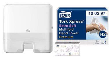 Tork Xpress Dispenser for Multifold Towels White H2, Single Towel Dispensing, Elevation Design, 552100 (White, Mini, Bundle with Paper Towels)