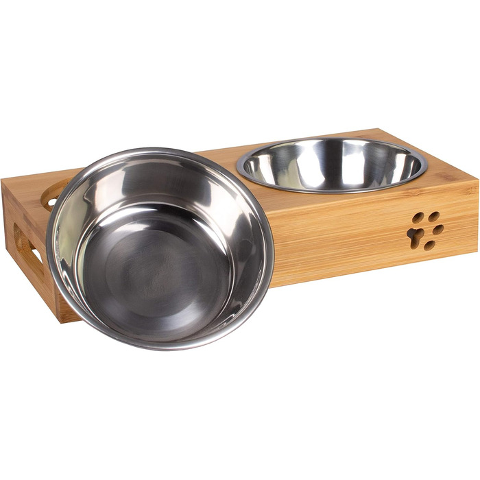 Станція для годування домашніх тварин LAUBLUST: підставка для мисок з бамбука, 2 нержавіючі миски | для собак та котів, розмір 31 x 15 x 6 см | M