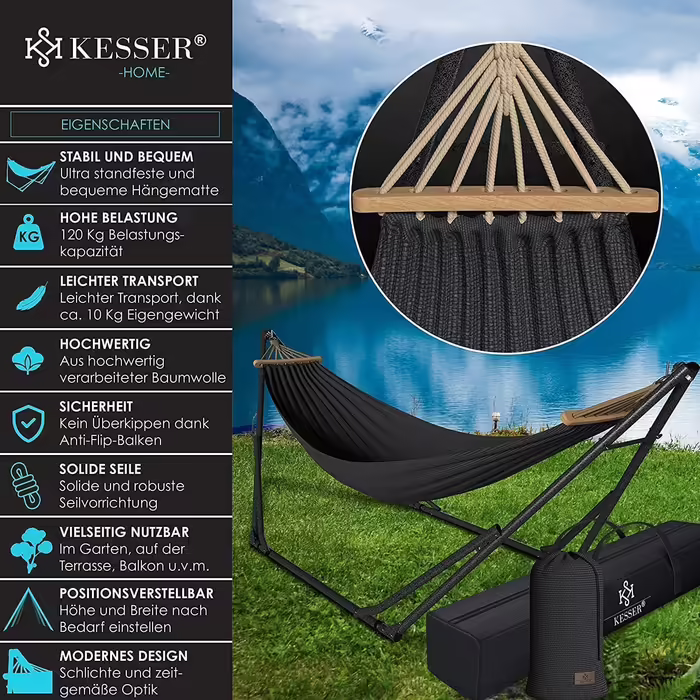 KESSER® Hammock Vill with Metal Stand, Foldable and Adjustable, Stable Frame, Indoor & Outdoor Use, Includes Carry Bag + Bag, Hanging Chair, Hammock Stand, Camping, Garden, Pool, Balcony, Terrace, Anthracite