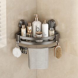 Поличка для душу без свердління, кутова поличка для ванної кімнати з присосками, органайзер для душу з тримачем для рушників та знімними гачками (2 шт., сірий). Трикутна поличка для душу