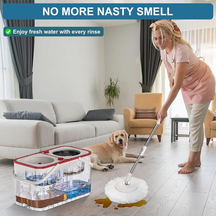 Набір для миття підлоги з відрі та вичавкою, 4-камерний mop з мікрофіброю, білий (19.68 x 10.43 x 11.02 см)