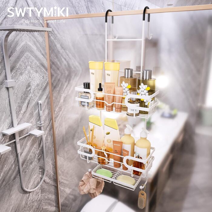 Настінна поличка для душу SWTYMIKI з 2 кошиками та 2 мильницями, з нержавіючої сталі, 14 гачків, білий колір