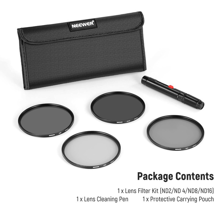 Набір фільтрів ND Neewer для об'єктивів: ND2, ND4, ND8, ND16, очищувач об'єктивів, чохол, нейтральні фільтри та аксесуари, сумісний з Canon, Nikon, Sony, Panasonic, DSLR камерами (49 мм)