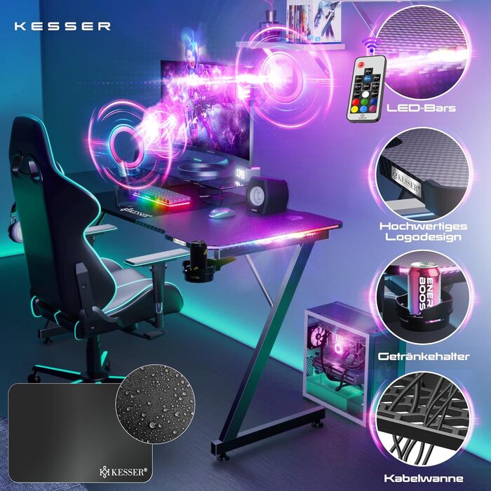 Ігровий стіл KESSER Gaming 180x80 см, Z-подібний ергономічний комп'ютерний стіл з карбоновим покриттям, підсвіткою LED, підставкою для напоїв та гачком для навушників, чорний