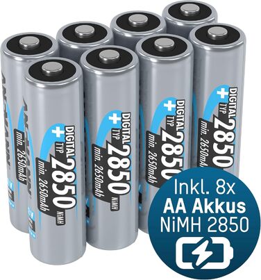 Зарядний пристрій Powerline 8 для акумуляторів AA/AAA з LED-дисплеєм, визначення дефектів та захистом від перевантаження (зарядний пристрій + 8 x 2850 акумуляторів)