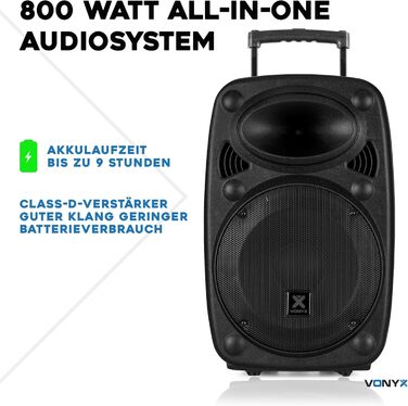 Vonyx Verve46 – портативна акустична система з мікрофонами, 1000 Вт, Bluetooth, MP3, для вечірок та PA-системи, чорний