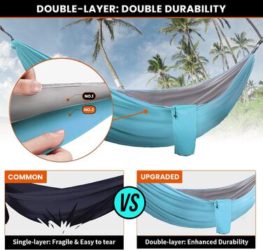 Гамак Overmont двошаровий, сертифікований TÜV, 400 кг, 280 x 185 см, нейлон, для кемпінгу та відпочинку на природі (блакитний, світло-сірий)